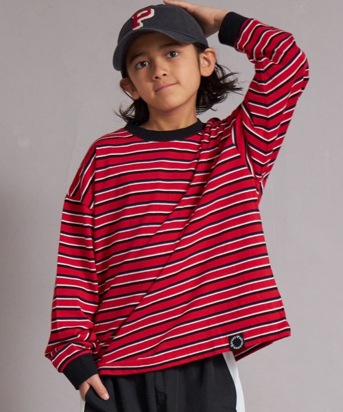 PAIRMANON STREET（ペアマノンストリート）の「【綿100%】先染め マルチボーダー ロンT【PAIRMANON STREET】（Tシャツ/カットソー・キッズ・ブラウン/レッド/ブラック/ブルー・150/130/120/110/100/90/160/140）」の4枚目の写真