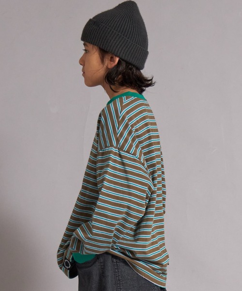 PAIRMANON STREET（ペアマノンストリート）の「【綿100%】先染め マルチボーダー ロンT【PAIRMANON STREET】（Tシャツ/カットソー・キッズ・ブラウン/レッド/ブラック/ブルー・150/130/120/110/100/90/160/140）」の8枚目の写真