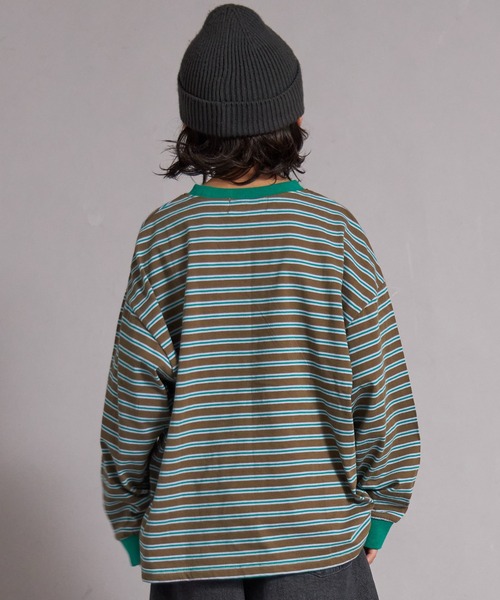 PAIRMANON STREET（ペアマノンストリート）の「【綿100%】先染め マルチボーダー ロンT【PAIRMANON STREET】（Tシャツ/カットソー・キッズ・ブラウン/レッド/ブラック/ブルー・150/130/120/110/100/90/160/140）」の9枚目の写真