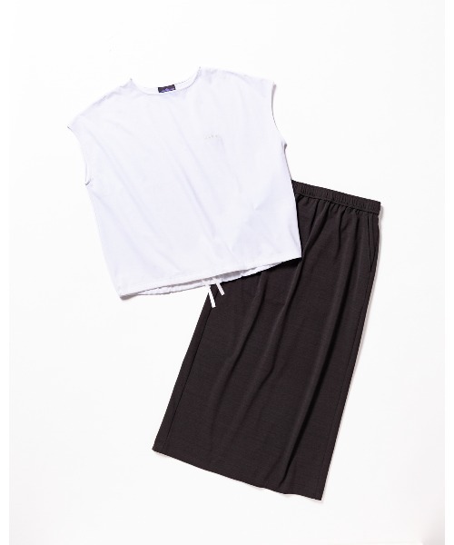 THOUSAND MILE（サウザンドマイル）の「【L's】GATHERED HEM T-SHIRT & SKIRT SET LUXELEAF JERSEY/ギャザーヘムTシャツ＆スカートセット（セットアップ・レディース・ホワイト系その他/ブラウン/スミクロ・FREE）」の2枚目の写真