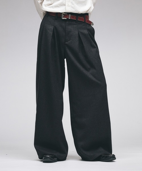 セール】Wool-Like Box-Pleated Wide Slacks / ウールライクボックス