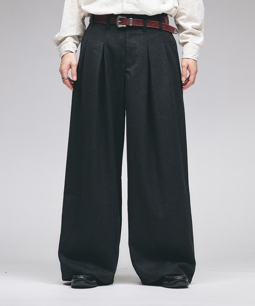 セール】Wool-Like Box-Pleated Wide Slacks / ウールライクボックス