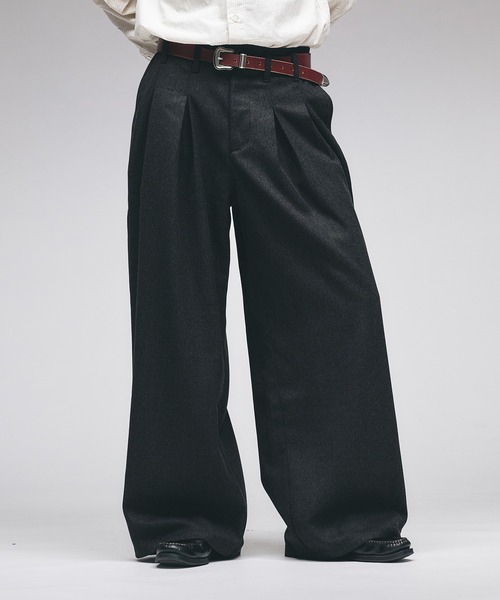 セール】Wool-Like Box-Pleated Wide Slacks / ウールライクボックス