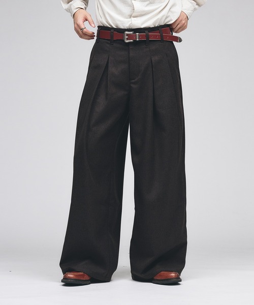 セール】Wool-Like Box-Pleated Wide Slacks / ウールライクボックス
