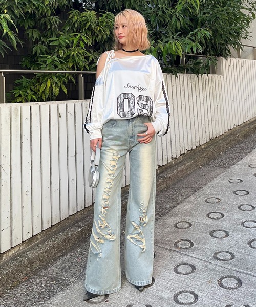 SPIRALGIRL(スパイラルガール)の「ワンショルダーナンバリングレーストップス(Tシャツ/カットソー・レディース・ホワイト/ブラック/ブルー・FREE)」の8枚目の写真