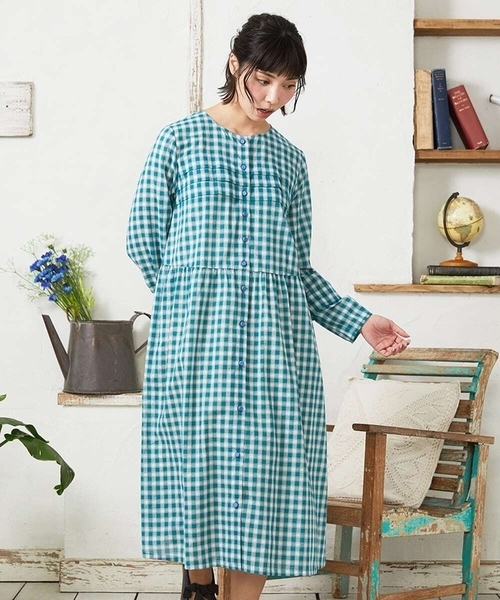 Jocomomola(ホコモモラ)の「Puntada ギンガムチェックシャツワンピース(ワンピース・レディース・オレンジ/グリーン・40)」の1枚目の写真