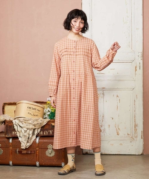 Jocomomola(ホコモモラ)の「Puntada ギンガムチェックシャツワンピース(ワンピース・レディース・オレンジ/グリーン・40)」の6枚目の写真