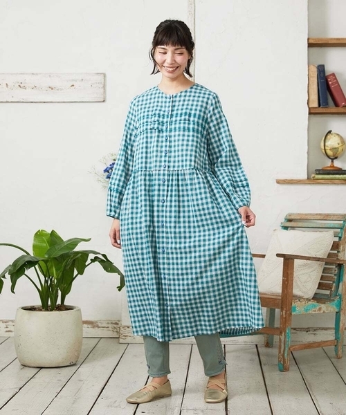 Jocomomola(ホコモモラ)の「Puntada ギンガムチェックシャツワンピース(ワンピース・レディース・オレンジ/グリーン・40)」の15枚目の写真