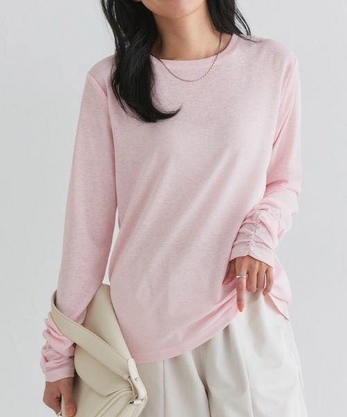 Pierrot（ピエロ）の「袖シャーリングシアーロングスリーブTシャツ（Tシャツ/カットソー・レディース・チャコール/オフホワイト/ブラック/ベビーピンク/サックスブルー・L/M/LL）」の5枚目の写真