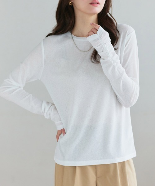 Pierrot（ピエロ）の「袖シャーリングシアーロングスリーブTシャツ（Tシャツ/カットソー・レディース・チャコール/オフホワイト/ブラック/ベビーピンク/サックスブルー・L/M/LL）」の10枚目の写真