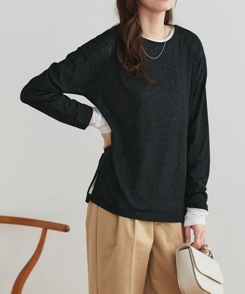 Pierrot（ピエロ）の「袖シャーリングシアーロングスリーブTシャツ（Tシャツ/カットソー・レディース・チャコール/オフホワイト/ブラック/ベビーピンク/サックスブルー・L/M/LL）」の15枚目の写真