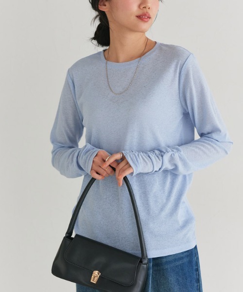 Pierrot（ピエロ）の「袖シャーリングシアーロングスリーブTシャツ（Tシャツ/カットソー・レディース・チャコール/オフホワイト/ブラック/ベビーピンク/サックスブルー・L/M/LL）」の21枚目の写真