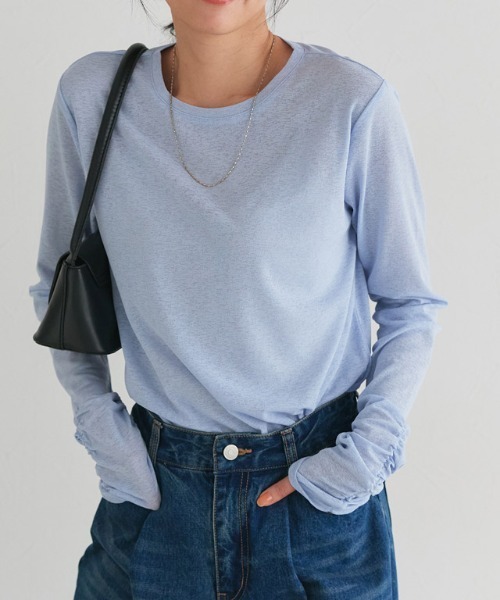 Pierrot(ピエロ)の「袖シャーリングシアーロングスリーブTシャツ(Tシャツ/カットソー・レディース・チャコール/オフホワイト/ブラック/ベビーピンク/サックスブルー・L/M/LL)」の21枚目の写真