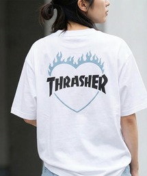 【70】【THRASHER/スラッシャー】ファイヤーエンブレム ハートロゴ クルーネックプリントTシャツ/バックプリント/ワンポイント刺繍【Sサイズ~Lサイズ】