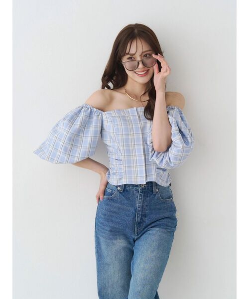 MERCURYDUO（マーキュリーデュオ）の「2WAYチェックオフショルベアブラウス（シャツ/ブラウス・レディース・ブルー/ライム・FREE）」の10枚目の写真