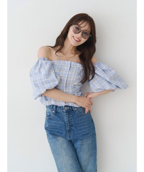 MERCURYDUO（マーキュリーデュオ）の「2WAYチェックオフショルベアブラウス（シャツ/ブラウス・レディース・ブルー/ライム・FREE）」の12枚目の写真