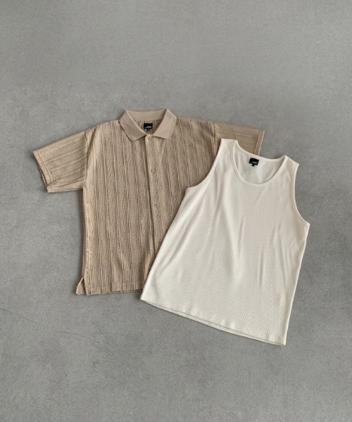 link lot(リンクロット)の「【2点セット】半袖レースシャツ×ワッフルタンクトップ(シャツ/ブラウス・メンズ・ベージュ/ブラック/アイボリー・M/L)」の1枚目の写真