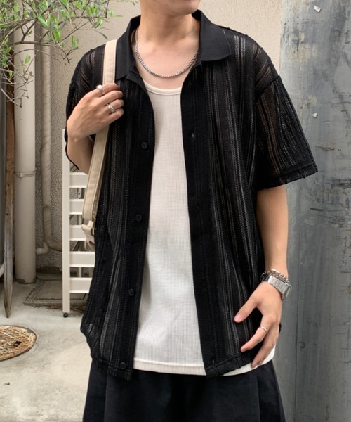 link lot(リンクロット)の「【2点セット】半袖レースシャツ×ワッフルタンクトップ(シャツ/ブラウス・メンズ・ベージュ/ブラック/アイボリー・M/L)」の3枚目の写真