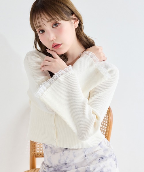 one after another NICE CLAUP(ワンアフターアナザーナイスクラップ)の「袖レースカーディガン(カーディガン/ボレロ・レディース・ブラック/ピンク/ミント/オフホワイト・FREE)」の1枚目の写真
