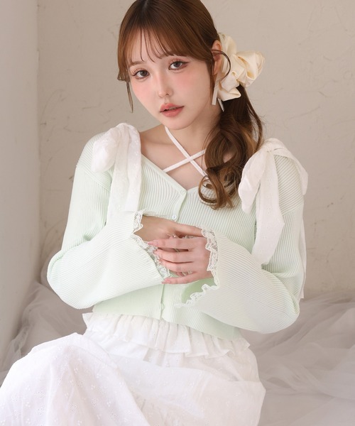 one after another NICE CLAUP(ワンアフターアナザーナイスクラップ)の「袖レースカーディガン(カーディガン/ボレロ・レディース・ブラック/ピンク/ミント/オフホワイト・FREE)」の3枚目の写真