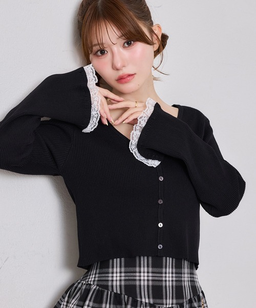 one after another NICE CLAUP(ワンアフターアナザーナイスクラップ)の「袖レースカーディガン(カーディガン/ボレロ・レディース・ブラック/ピンク/ミント/オフホワイト・FREE)」の2枚目の写真