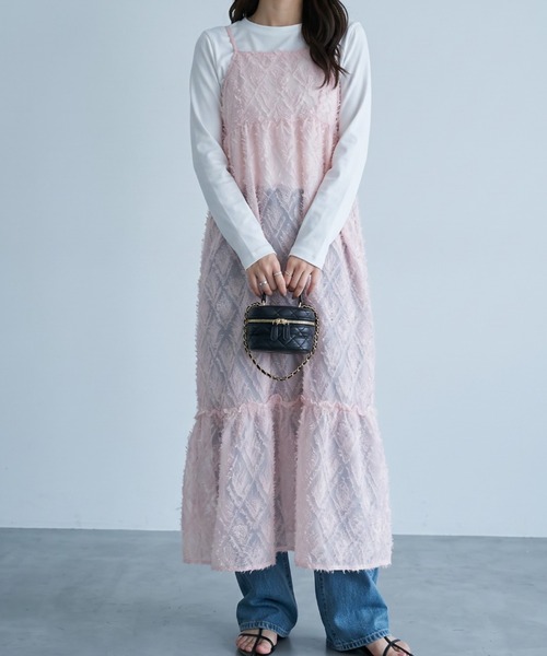 umune(ウムネ)の「ロングワンピース フリンジマキシ丈Aライン上品 大人カジュアル キャミワンピース高級感体型カバーキレイめ 秋冬(ワンピース・レディース・ブラック/アイボリー/ベビーピンク・FREE)」の3枚目の写真