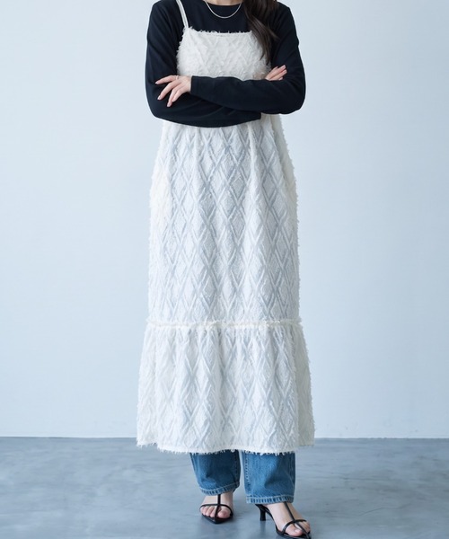 umune(ウムネ)の「ロングワンピース フリンジマキシ丈Aライン上品 大人カジュアル キャミワンピース高級感体型カバーキレイめ 秋冬(ワンピース・レディース・ブラック/アイボリー/ベビーピンク・FREE)」の8枚目の写真