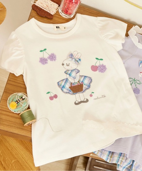 KP(ケーピー)の「mimiちゃんアップリケ 半袖Tシャツ(Tシャツ/カットソー・キッズ・ピンク/オフホワイト・90cm/100cm/110cm/120cm/80cm/130cm)」の1枚目の写真