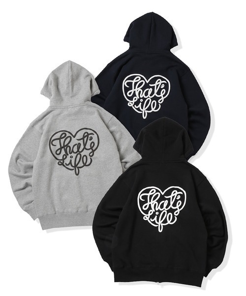 That's life（ザッツライフ）の「HEAVY WEIGHT 12.7oz HEART LOGO ZIP HOODIE 長袖 パーカー 春服 秋服 冬服 ジップパーカー ダブルジップ ヘビーウェイト 肉厚生地 ユニセックス トップス 裏パイル（パーカー・メンズ・ブラック/ネイビー/グレー・MEDIUM/LARGE/X-LARGE）」の4枚目の写真