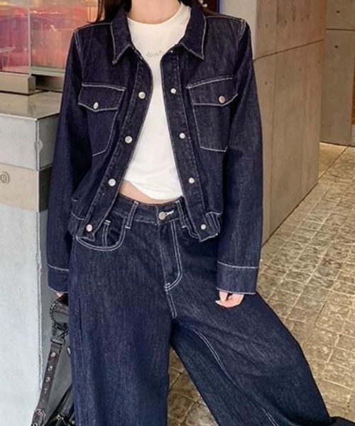 FAVORITO（ファヴォリート）の「デニムショートジャケットパンツセットアップ（セットアップ・レディース・ダークブルー・XL/L/M/S）」の2枚目の写真