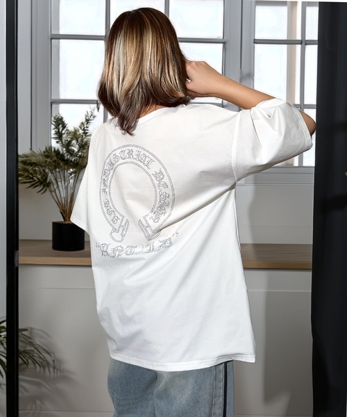 Candlestick（キャンドルスティック）の「ラインストーン ホースシュー ワイドシルエット ストレッチ 半袖Tシャツ（Tシャツ/カットソー・レディース・ホワイト/スミクロ/ブラック・M/L）」の9枚目の写真