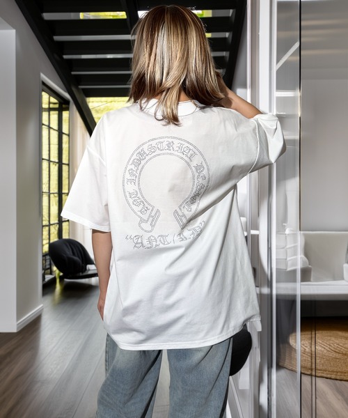 Candlestick（キャンドルスティック）の「ラインストーン ホースシュー ワイドシルエット ストレッチ 半袖Tシャツ（Tシャツ/カットソー・レディース・ホワイト/スミクロ/ブラック・M/L）」の7枚目の写真