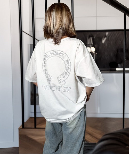 Candlestick（キャンドルスティック）の「ラインストーン ホースシュー ワイドシルエット ストレッチ 半袖Tシャツ（Tシャツ/カットソー・レディース・ホワイト/スミクロ/ブラック・M/L）」の5枚目の写真