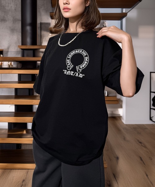 Candlestick（キャンドルスティック）の「ラインストーン ホースシュー ワイドシルエット ストレッチ 半袖Tシャツ（Tシャツ/カットソー・レディース・ホワイト/スミクロ/ブラック・M/L）」の14枚目の写真