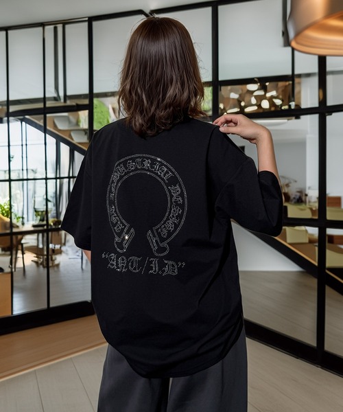 Candlestick（キャンドルスティック）の「ラインストーン ホースシュー ワイドシルエット ストレッチ 半袖Tシャツ（Tシャツ/カットソー・レディース・ホワイト/スミクロ/ブラック・M/L）」の11枚目の写真