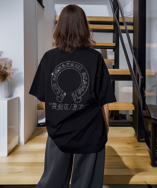 Candlestick（キャンドルスティック）の「ラインストーン ホースシュー ワイドシルエット ストレッチ 半袖Tシャツ（Tシャツ/カットソー・レディース・ホワイト/スミクロ/ブラック・M/L）」の13枚目の写真
