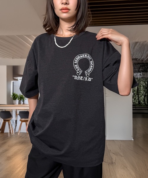 Candlestick（キャンドルスティック）の「ラインストーン ホースシュー ワイドシルエット ストレッチ 半袖Tシャツ（Tシャツ/カットソー・レディース・ホワイト/スミクロ/ブラック・M/L）」の17枚目の写真