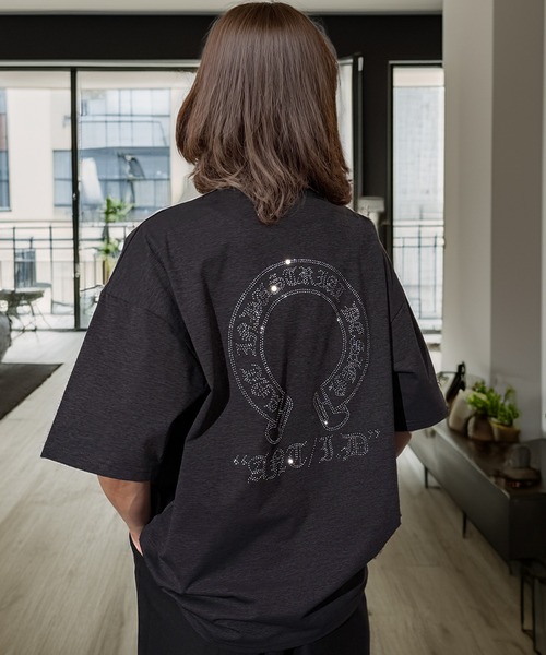 Candlestick（キャンドルスティック）の「ラインストーン ホースシュー ワイドシルエット ストレッチ 半袖Tシャツ（Tシャツ/カットソー・レディース・ホワイト/スミクロ/ブラック・M/L）」の15枚目の写真