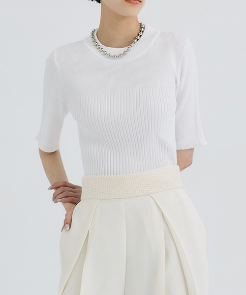 WRAPINKNOT（ラッピンノット）の「[WRAPINKNOT/ラッピンノット]別注 HALF SLEEVE RIB TOP（Tシャツ/カットソー・レディース・ブルー/ブラック/アイボリー・0）」の3枚目の写真