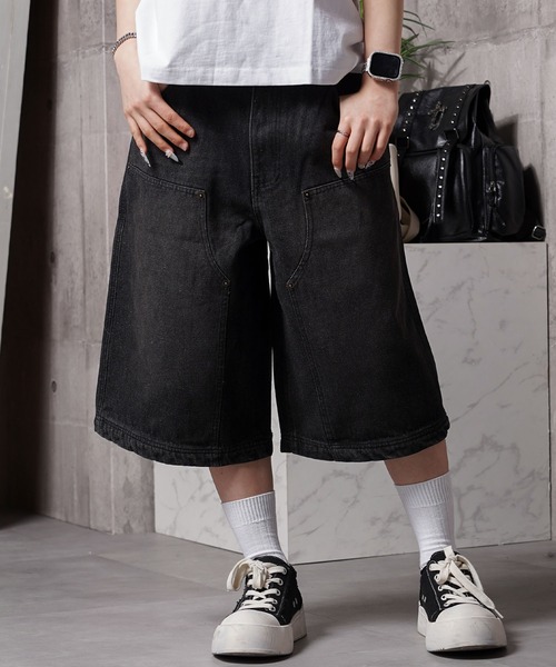 1111clothing（ワンフォークロージング）の「12oz デニム ダブルニージョーツ / 12-ounce Denim Double-Knee Jorts（デニムパンツ・メンズ・カモフラージュ/ネイビー/ブラック/ブルー・XL/L/M）」の2枚目の写真