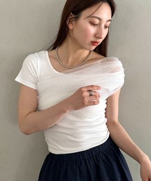 チュールドッキングアシメントリーカットソー 半袖Tシャツ ワンショルダートップス