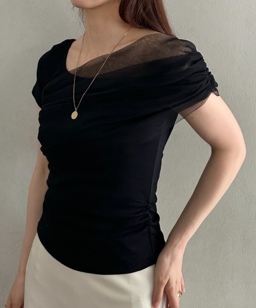 MYMOOD.(マイムード)の「チュールドッキングアシメントリーカットソー 半袖Tシャツ ワンショルダートップス(Tシャツ/カットソー・レディース・ブラック/ホワイト・FREE)」の21枚目の写真