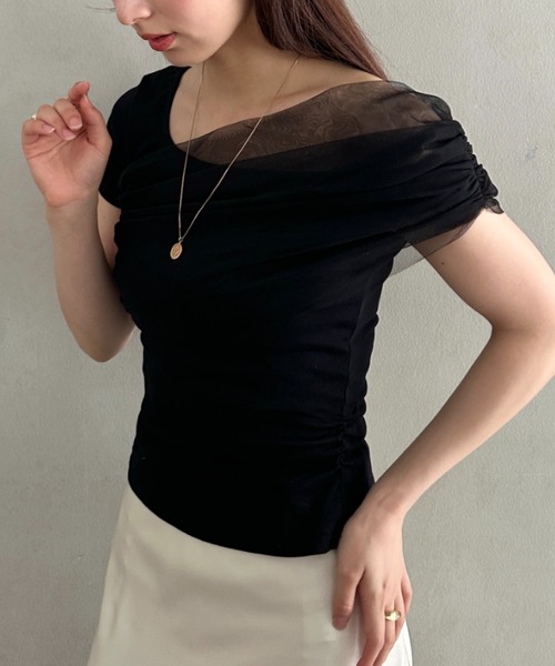 MYMOOD.(マイムード)の「チュールドッキングアシメントリーカットソー 半袖Tシャツ ワンショルダートップス(Tシャツ/カットソー・レディース・ブラック/ホワイト・FREE)」の22枚目の写真