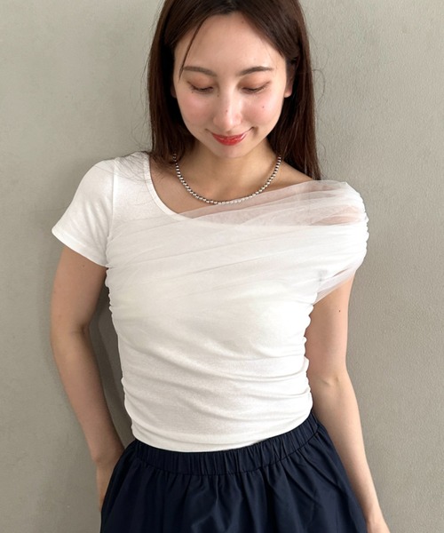 MYMOOD.(マイムード)の「チュールドッキングアシメントリーカットソー 半袖Tシャツ ワンショルダートップス(Tシャツ/カットソー・レディース・ブラック/ホワイト・FREE)」の7枚目の写真
