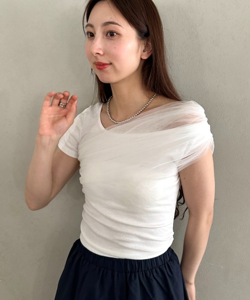 MYMOOD.(マイムード)の「チュールドッキングアシメントリーカットソー 半袖Tシャツ ワンショルダートップス(Tシャツ/カットソー・レディース・ブラック/ホワイト・FREE)」の10枚目の写真
