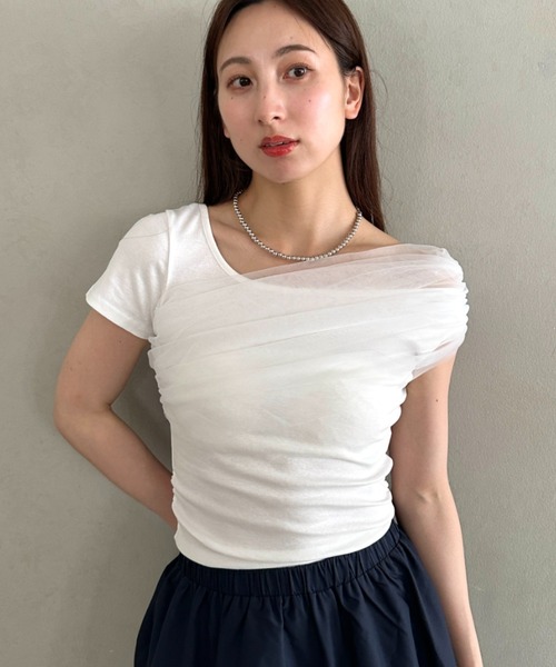 MYMOOD.(マイムード)の「チュールドッキングアシメントリーカットソー 半袖Tシャツ ワンショルダートップス(Tシャツ/カットソー・レディース・ブラック/ホワイト・FREE)」の11枚目の写真