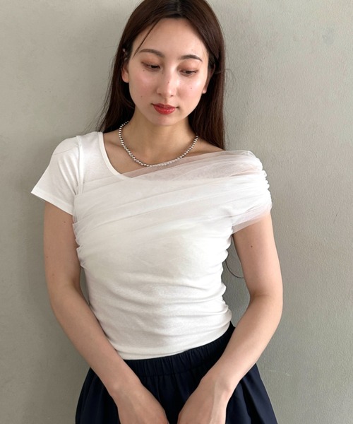 MYMOOD.(マイムード)の「チュールドッキングアシメントリーカットソー 半袖Tシャツ ワンショルダートップス(Tシャツ/カットソー・レディース・ブラック/ホワイト・FREE)」の12枚目の写真