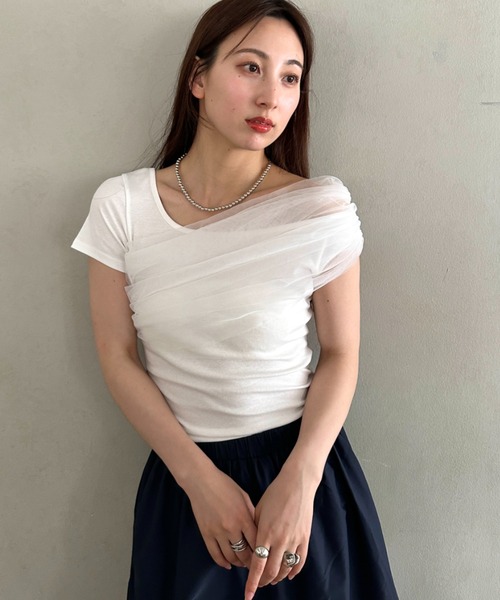 MYMOOD.(マイムード)の「チュールドッキングアシメントリーカットソー 半袖Tシャツ ワンショルダートップス(Tシャツ/カットソー・レディース・ブラック/ホワイト・FREE)」の13枚目の写真