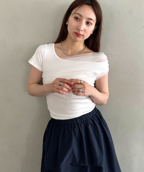 MYMOOD.(マイムード)の「チュールドッキングアシメントリーカットソー 半袖Tシャツ ワンショルダートップス(Tシャツ/カットソー・レディース・ブラック/ホワイト・FREE)」の15枚目の写真