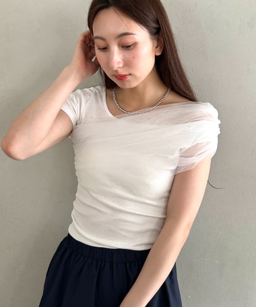 MYMOOD.(マイムード)の「チュールドッキングアシメントリーカットソー 半袖Tシャツ ワンショルダートップス(Tシャツ/カットソー・レディース・ブラック/ホワイト・FREE)」の8枚目の写真